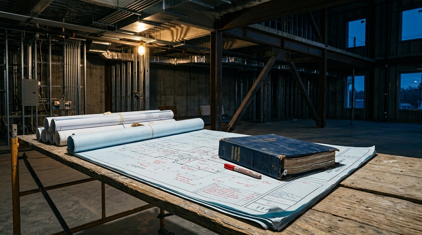 As-built drawings verified against the final change-order log at construction closeout, with the record set, O&M manuals, and warranties