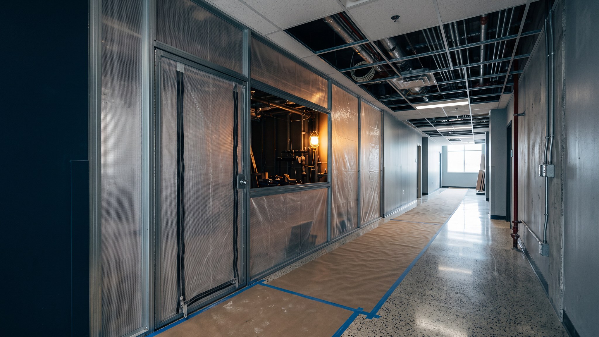 Institutional corridor under renovation with temporary dust containment partition and protected flooring, construction inside an occupied facility