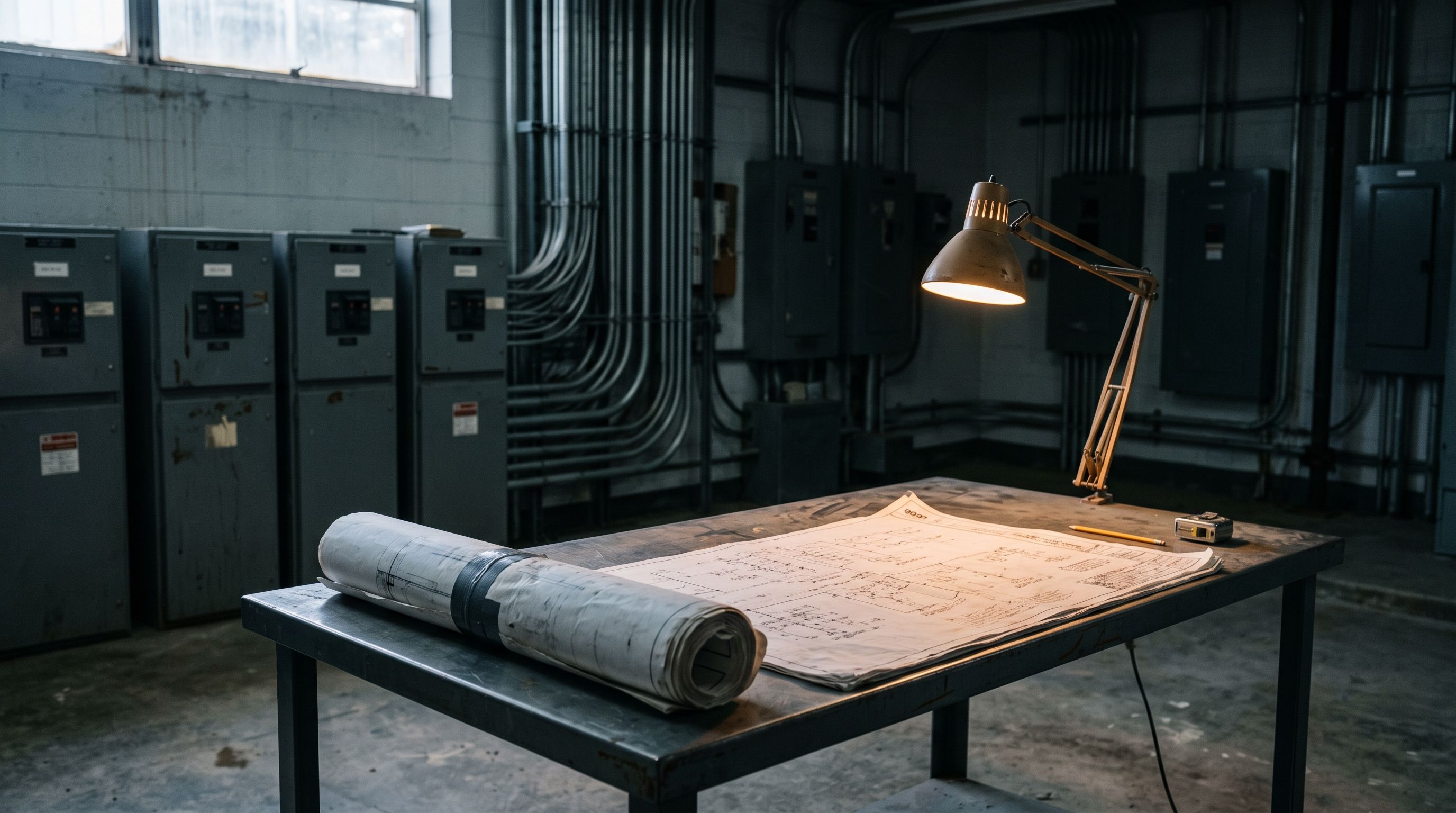 Construction drawings under a work lamp beside institutional switchgear, comparing EPC, design-build and design-bid-build delivery on public building projects