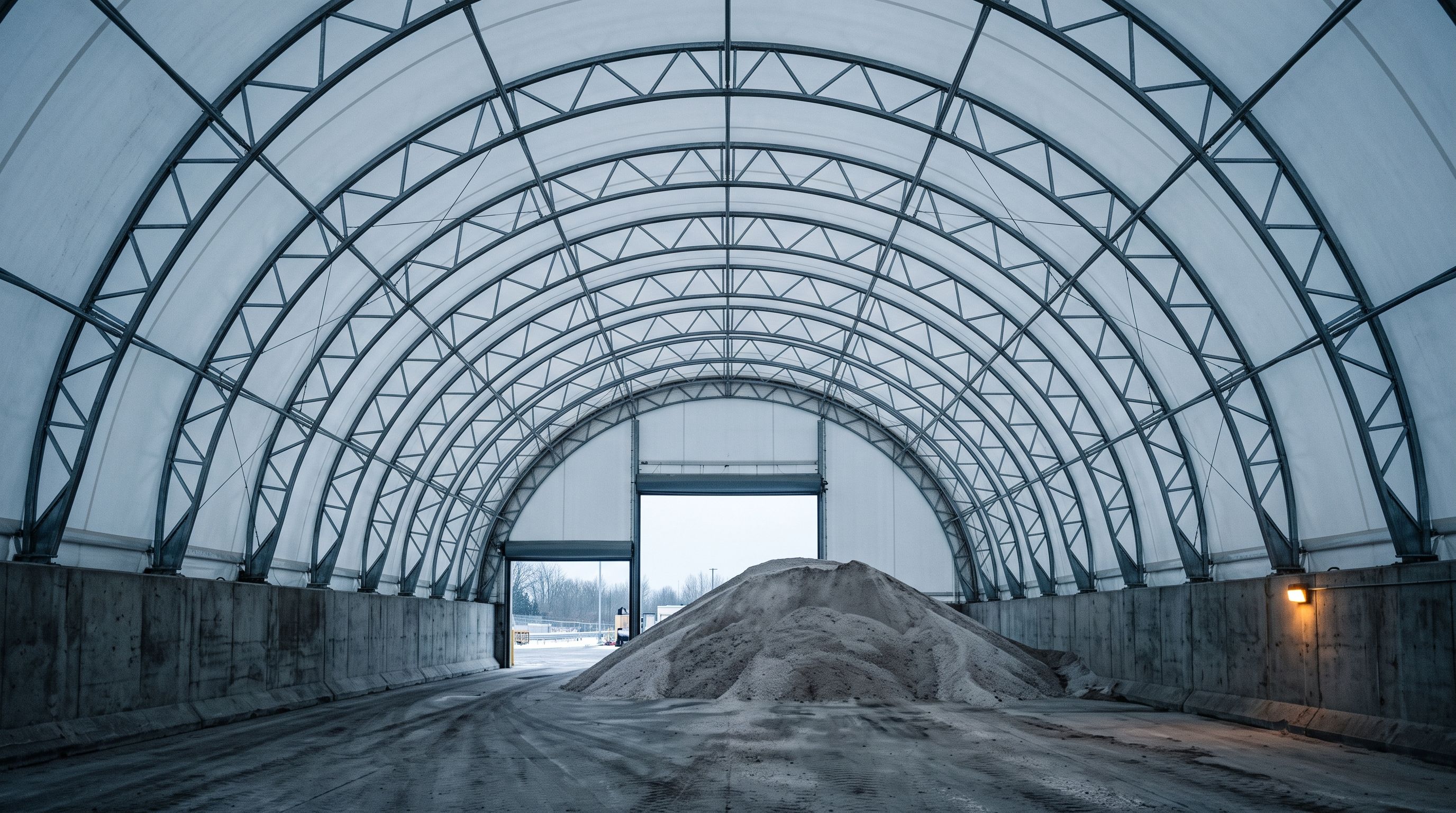Interior of a fabric covered salt storage building at a New Jersey maintenance yard, steel arch trusses, translucent membrane and a covered salt pile on a concrete slab