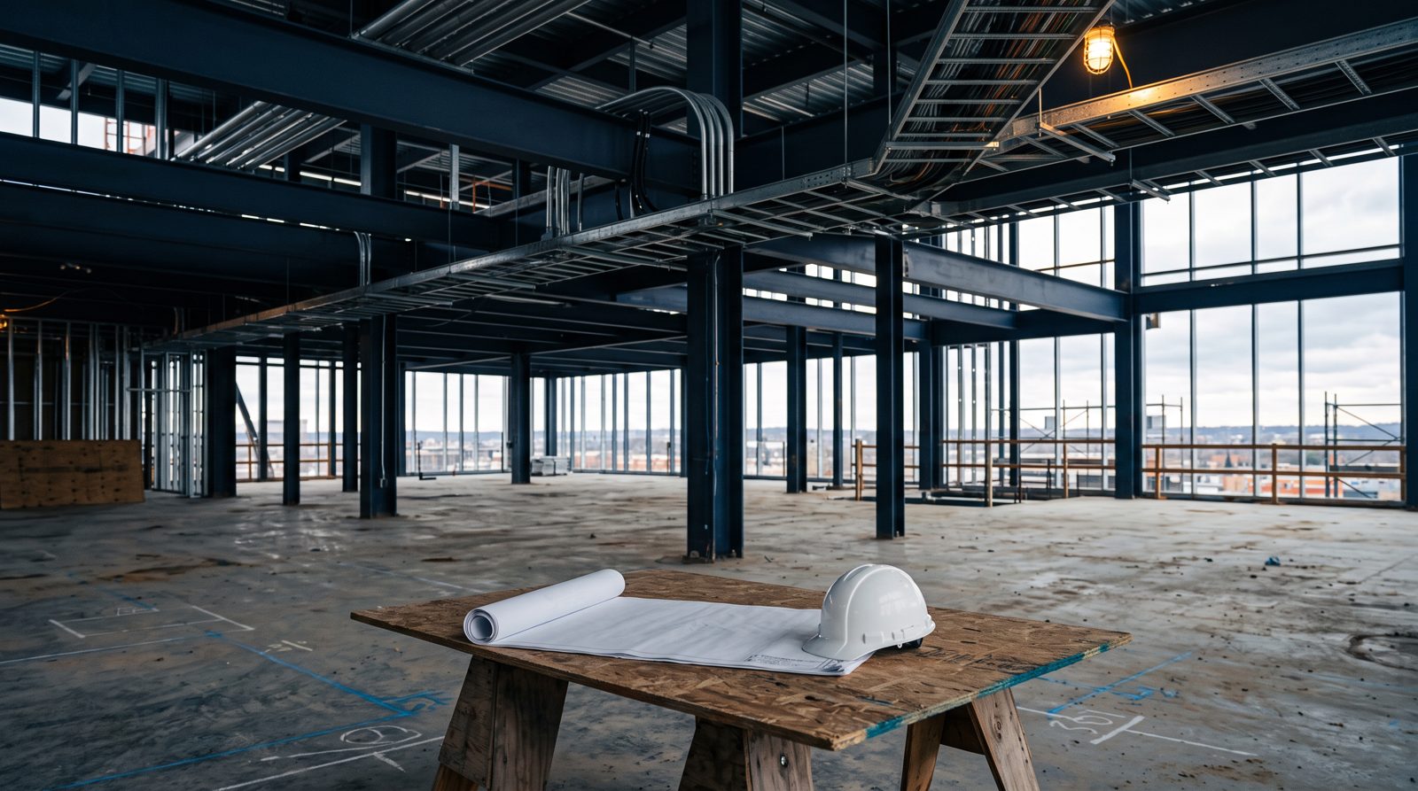 Quality assurance representative on a federal construction contract: open steel framing with conduit and cable tray awaiting inspection before the ceiling closes