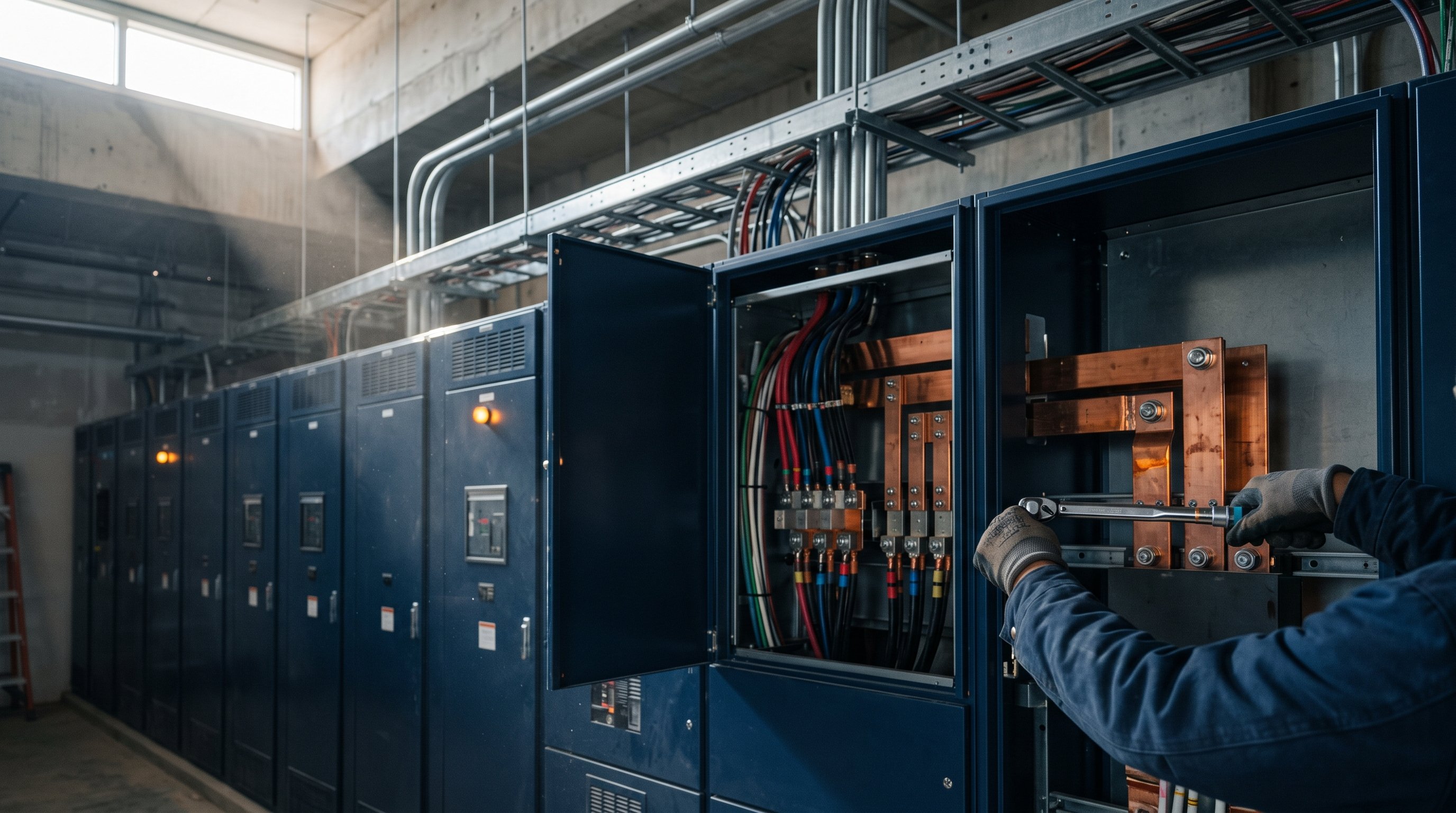 Switchgear lineup in the electrical room of a public building under renovation, with a gloved electrician torquing a copper bus connection, self-performed electrical work