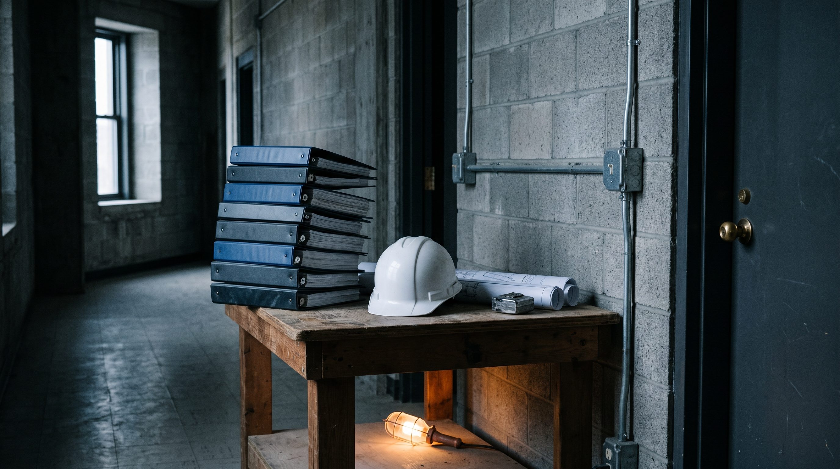 A contractor's field office table in an institutional building corridor, a stack of project binders, a hard hat, rolled construction drawings and exposed electrical conduit lit by a single work lamp